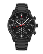 Swiss Military Minimalist Chronograph Watch with black dial and black steel bracelet – Swiss Made durable chronograph with stop‑function.