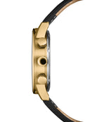 Vue latérale de la Montre Chronographe Minimaliste Swiss Military – boîtier doré, cadran noir et bracelet en cuir noir.