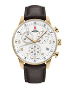Swiss Military Minimalistischer Chronograph mit weißem Zifferblatt und braunem Lederarmband – Swiss Made Traditions‑Chronograph mit goldenem Gehäuse.