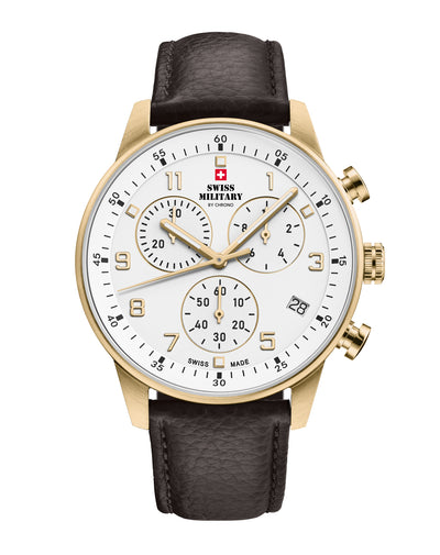 Swiss Military Minimalist Chronograph Watch with white dial and brown leather strap – Swiss Made heritage chronograph with gold case.