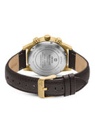 Rückansicht Swiss Military Minimalist Chronograph - eingraviertes Swiss Military Logo und Lizenz der Schweizerischen Eidgenossenschaft auf Goldgehäuse.