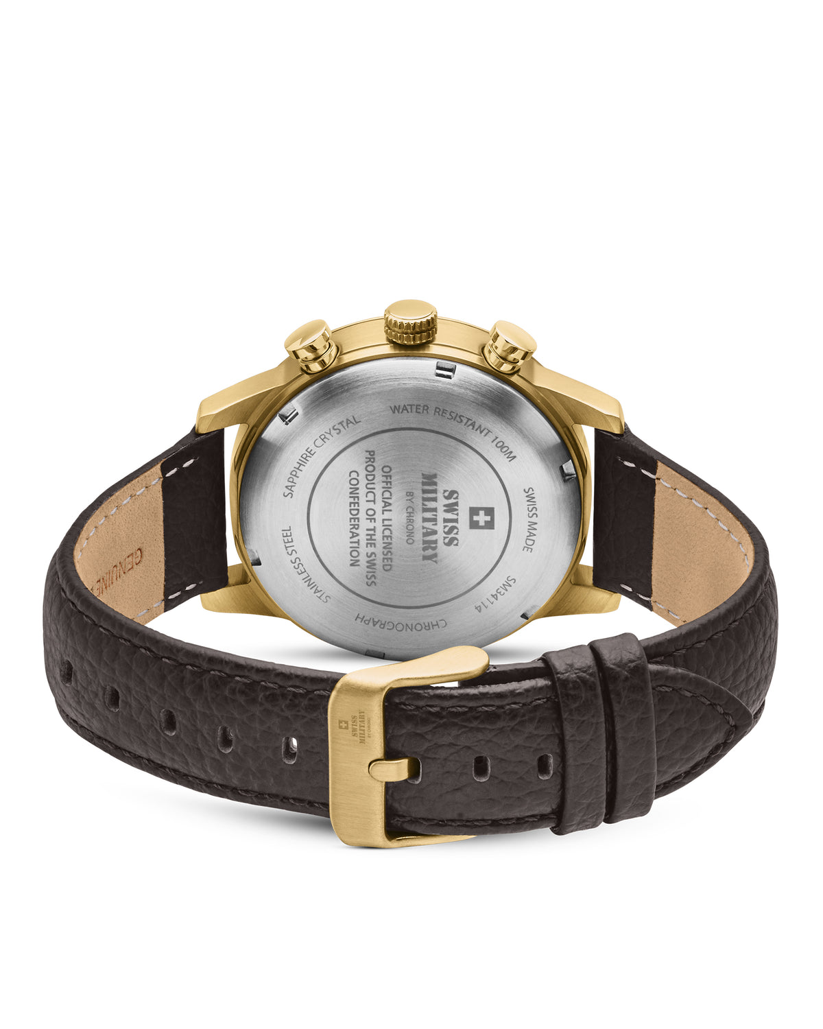 Vista posterior Reloj Cronógrafo Minimalista Militar Suizo - logotipo Militar Suizo grabado y licencia de la Confederación Suiza en la caja de oro.