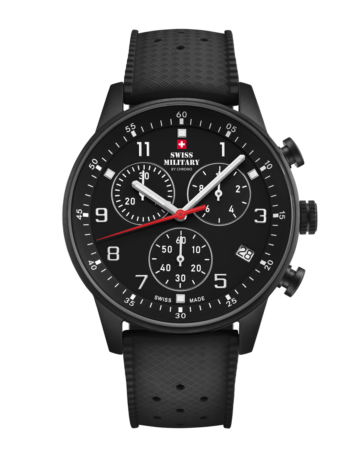 Reloj cronógrafo minimalista militar suizo con esfera negra y correa de caucho FKM - Cronógrafo duradero de fabricación suiza para un confort activo.