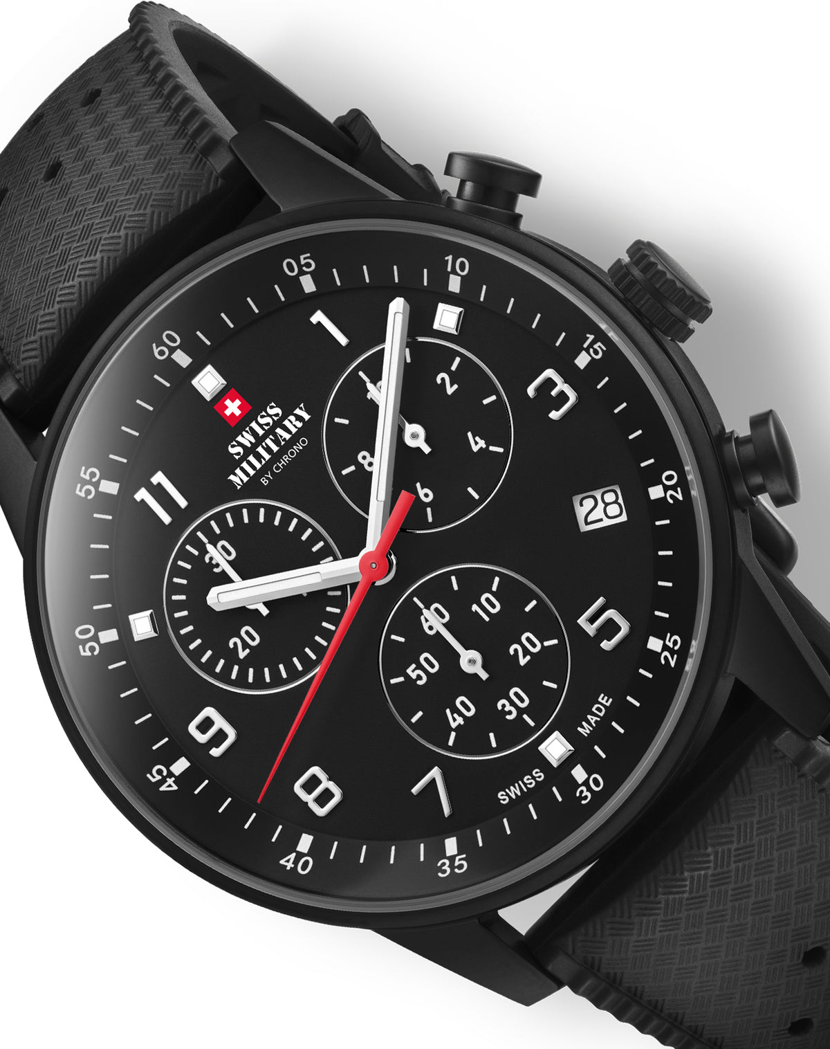 Vista detallada Reloj Cronógrafo Minimalista Militar Suizo - caja negra, pulsadores y textura de la correa de caucho FKM.
