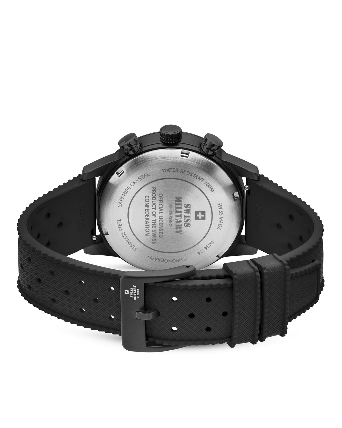 Vista posterior Reloj Cronógrafo Minimalista Militar Suizo - logotipo Militar Suizo grabado y licencia oficial de la Confederación Suiza en la caja de acero negro.