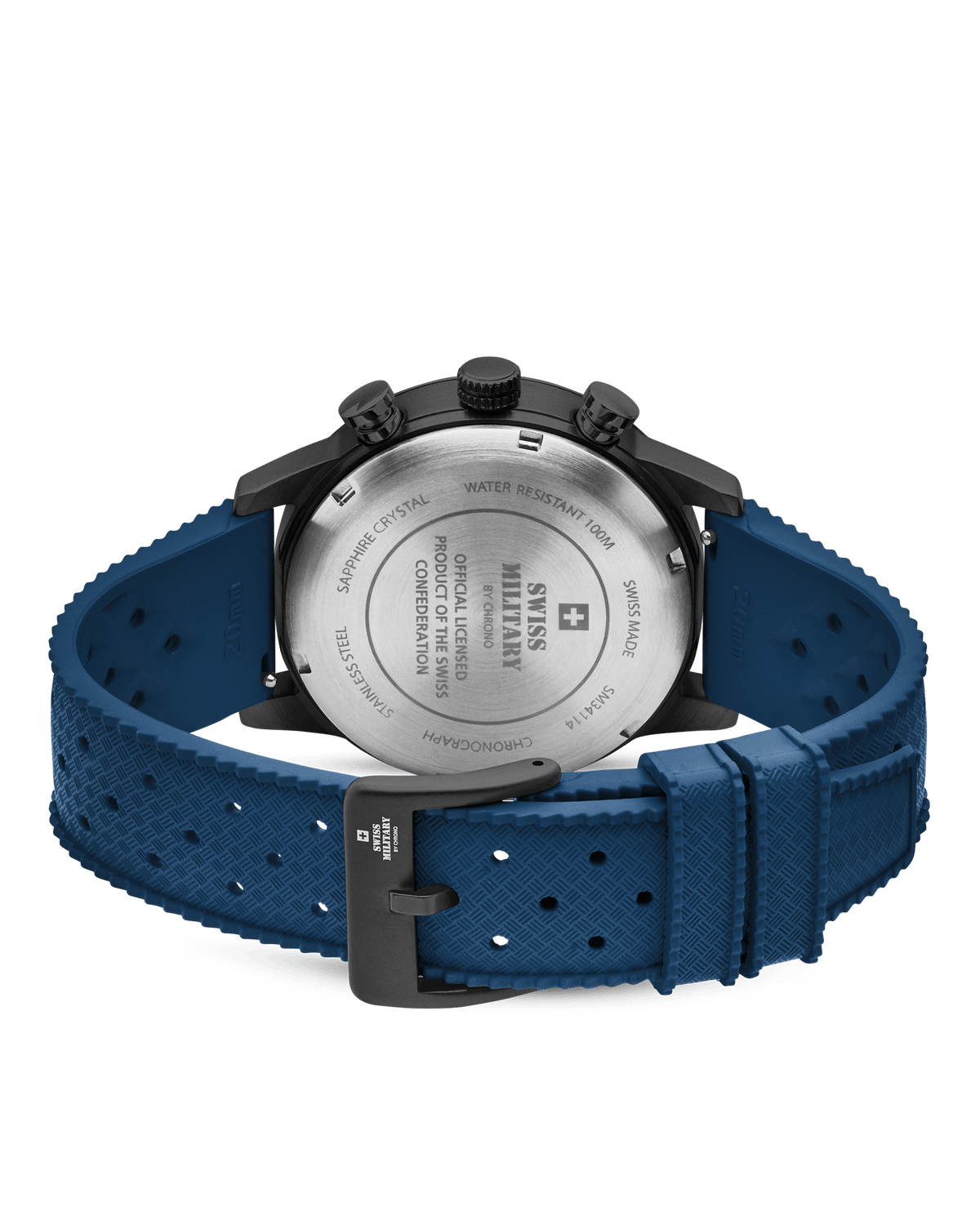 Vista posterior Reloj Cronógrafo Minimalista Militar Suizo - logotipo Militar Suizo grabado y licencia de la Confederación Suiza sobre caja negra.