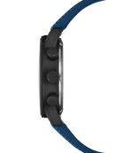 Vista lateral Reloj Cronógrafo Minimalista Militar Suizo - caja negra con esfera azul y correa de FKM azul.