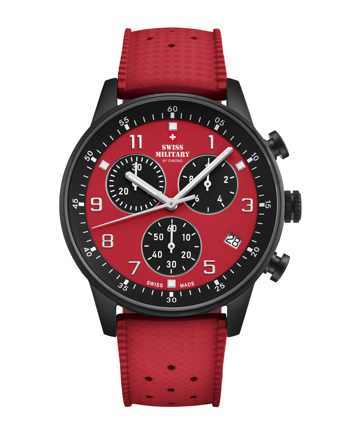 Reloj cronógrafo minimalista militar suizo con esfera roja y correa de caucho FKM - Cronógrafo de fabricación suiza para mayor potencia y comodidad.