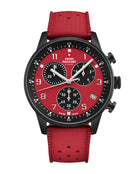 Montre Chronographe Minimaliste Swiss Military avec cadran rouge et bracelet en caoutchouc FKM – chronographe Swiss Made alliant puissance et confort.