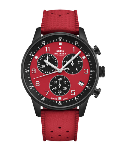 Swiss Military Minimalist Chronograph Watch with red dial and FKM rubber strap – Swiss Made chronograph for power and comfort.