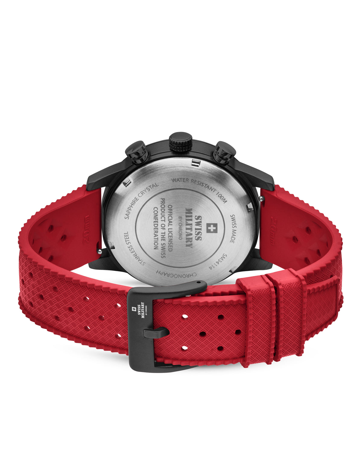 Vista posterior Reloj Cronógrafo Minimalista Militar Suizo - logotipo Militar Suizo grabado y licencia de la Confederación Suiza sobre caja negra.