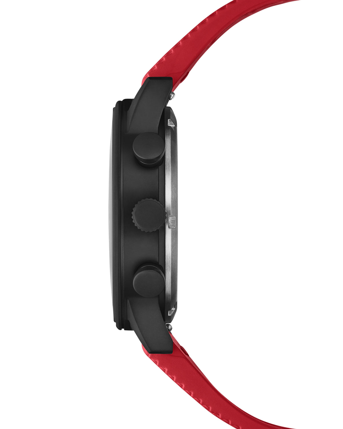Vista lateral Reloj Cronógrafo Minimalista Militar Suizo - caja negra con esfera roja y correa de caucho FKM.