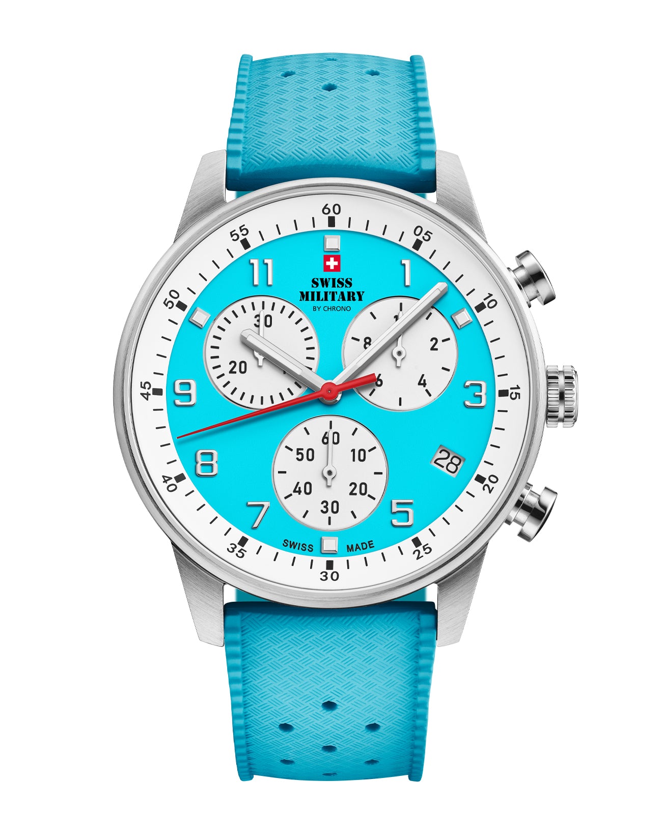 Swiss Military Minimalist Chronograph Watch with light blue dial and FKM rubber strap – Swiss Made chronograph for comfort and precision.