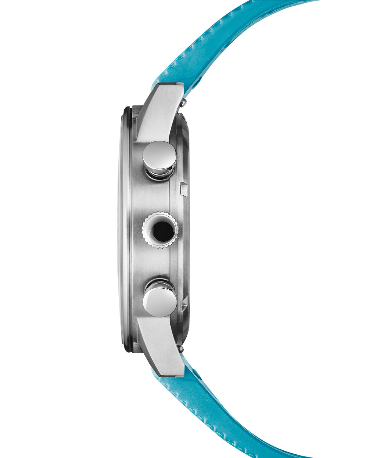 Vista lateral Reloj Cronógrafo Minimalista Militar Suizo - caja plateada esfera azul y correa de caucho FKM azul.