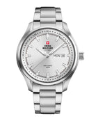 Swiss Military Elegante Herrenuhr silbernes Zifferblatt Stahlarmband vorne