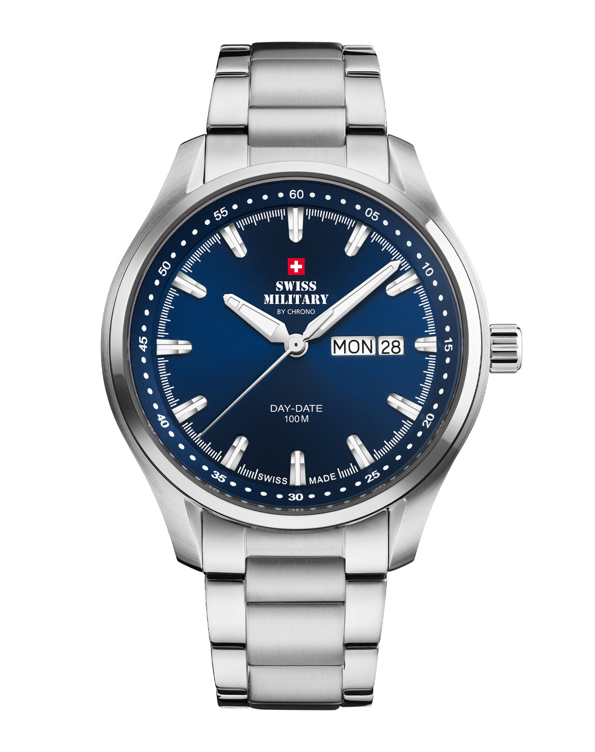 Swiss Military Classic Herrenuhr blaues Zifferblatt Stahlarmband vorne
