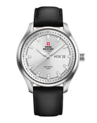 Swiss Military Classic Herrenuhr silbernes Zifferblatt Lederband vorne