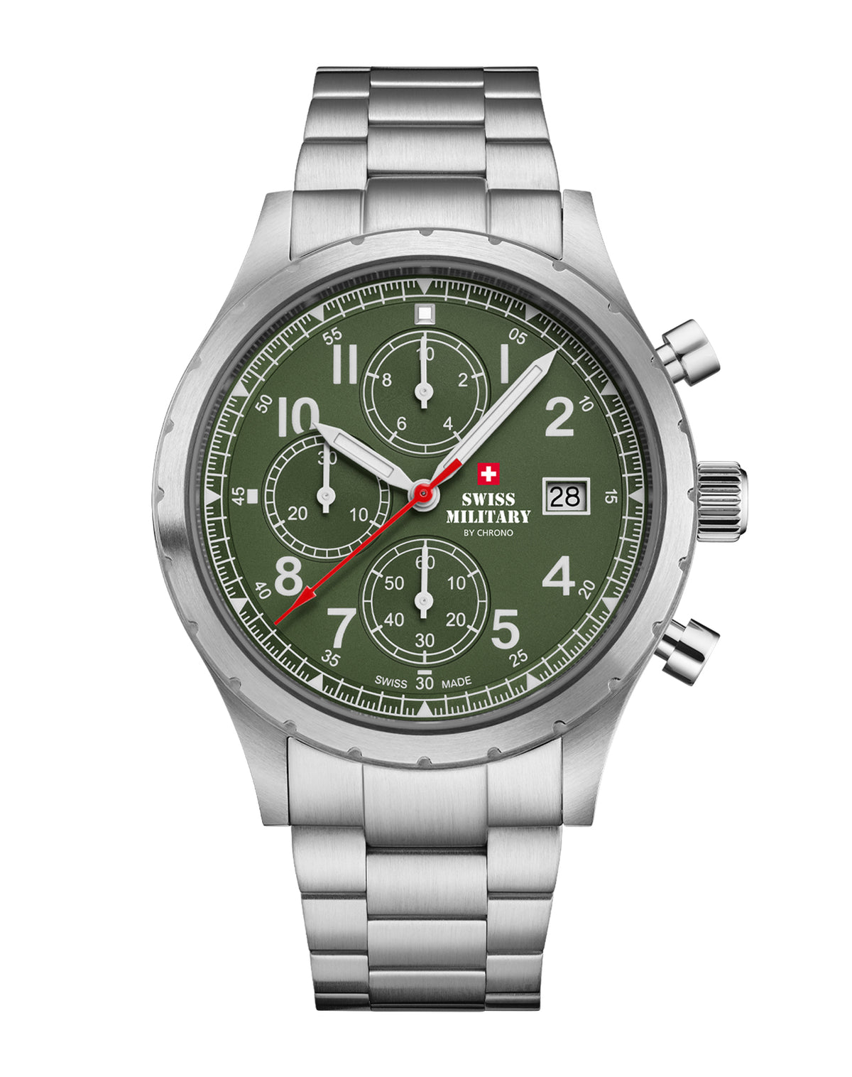Reloj cronógrafo militar suizo de campaña esfera verde acero plateado vista frontal