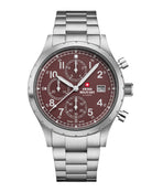 Reloj cronógrafo de campaña militar suizo esfera burdeos acero plateado vista frontal