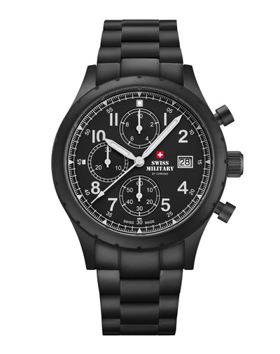 Reloj Cronógrafo Militar Suizo de Campo acero PVD negro vista frontal