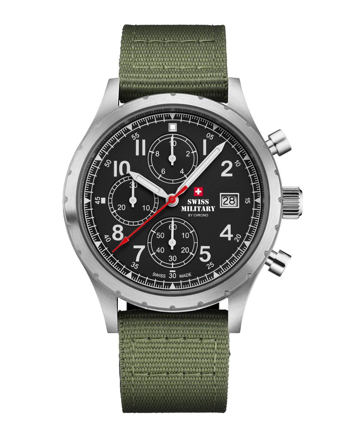 Reloj cronógrafo militar suizo de campaña esfera negra lona verde vista frontal