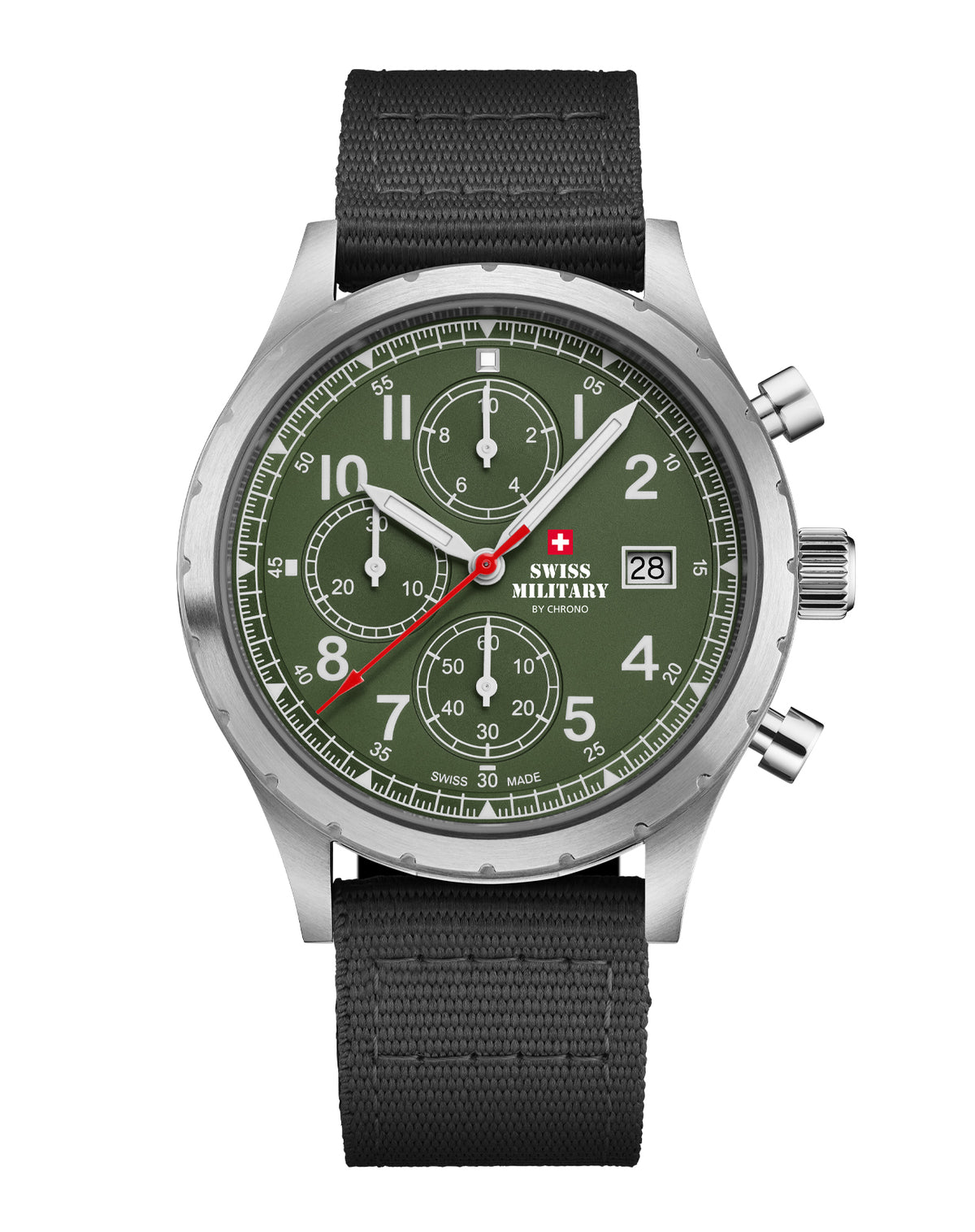 Reloj cronógrafo militar suizo de campaña esfera negra lona negra vista frontal