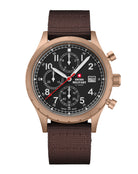 Reloj Militar Suizo de Campo Cronógrafo caja de oro lona marrón vista frontal