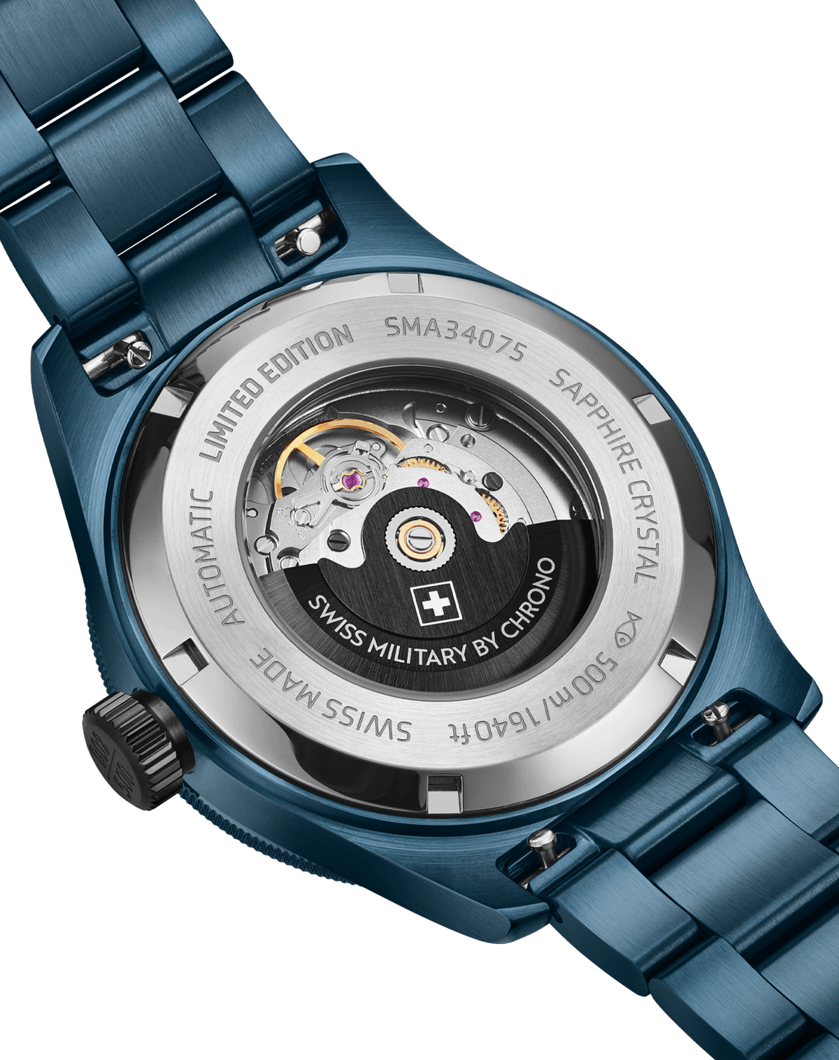 Swiss Military DIVER 500 Limited Edition - Automatisches Uhrwerk mit schwarzem Rotor durch den Gehäuseboden sichtbar