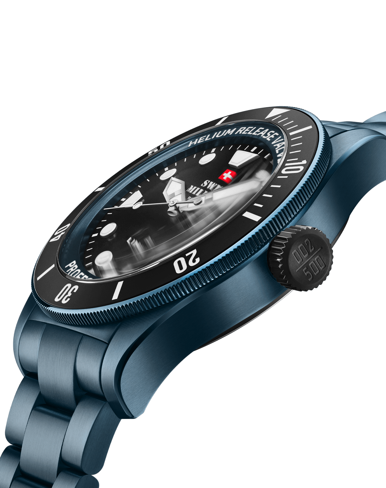 Swiss Military DIVER 500 Edición Limitada - Vista lateral de la caja de acero inoxidable chapado en azul con bisel de cerámica