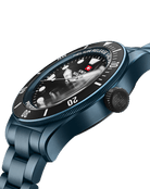 Swiss Military DIVER 500 Edición Limitada - Vista lateral de la caja de acero inoxidable chapado en azul con bisel de cerámica