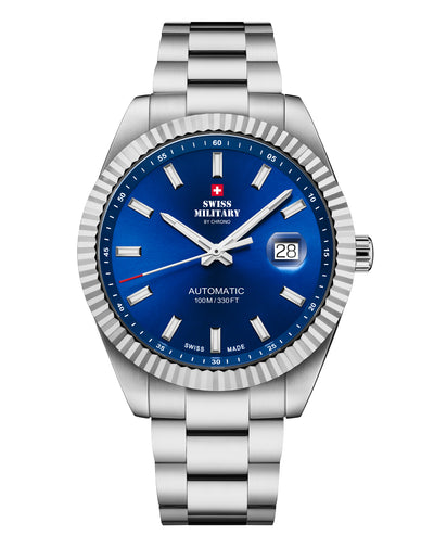 Classic Swiss automatic watch with blue dial and fluted bezel – Swiss Military SMA34110.03