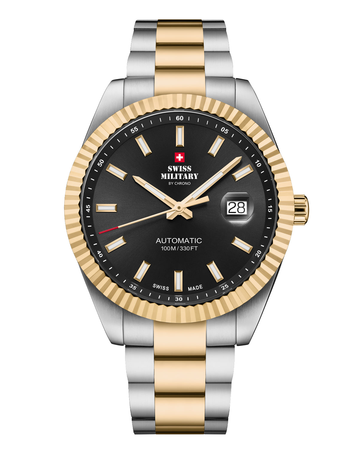 Classic Swiss automatic watch with black dial and bi-color steel bracelet