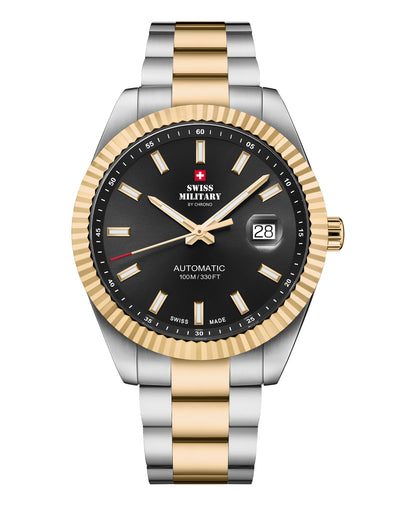 Classic Swiss automatic watch with black dial and bi-color steel bracelet