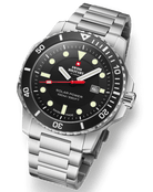 Swiss Military SMS34102.01 Swiss Made solar sports watch with stainless-steel bracelet and black dial on a black background