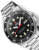 Swiss Military SMS34102.01 Swiss Made solar sports watch with stainless-steel bracelet and black dial on a black background.