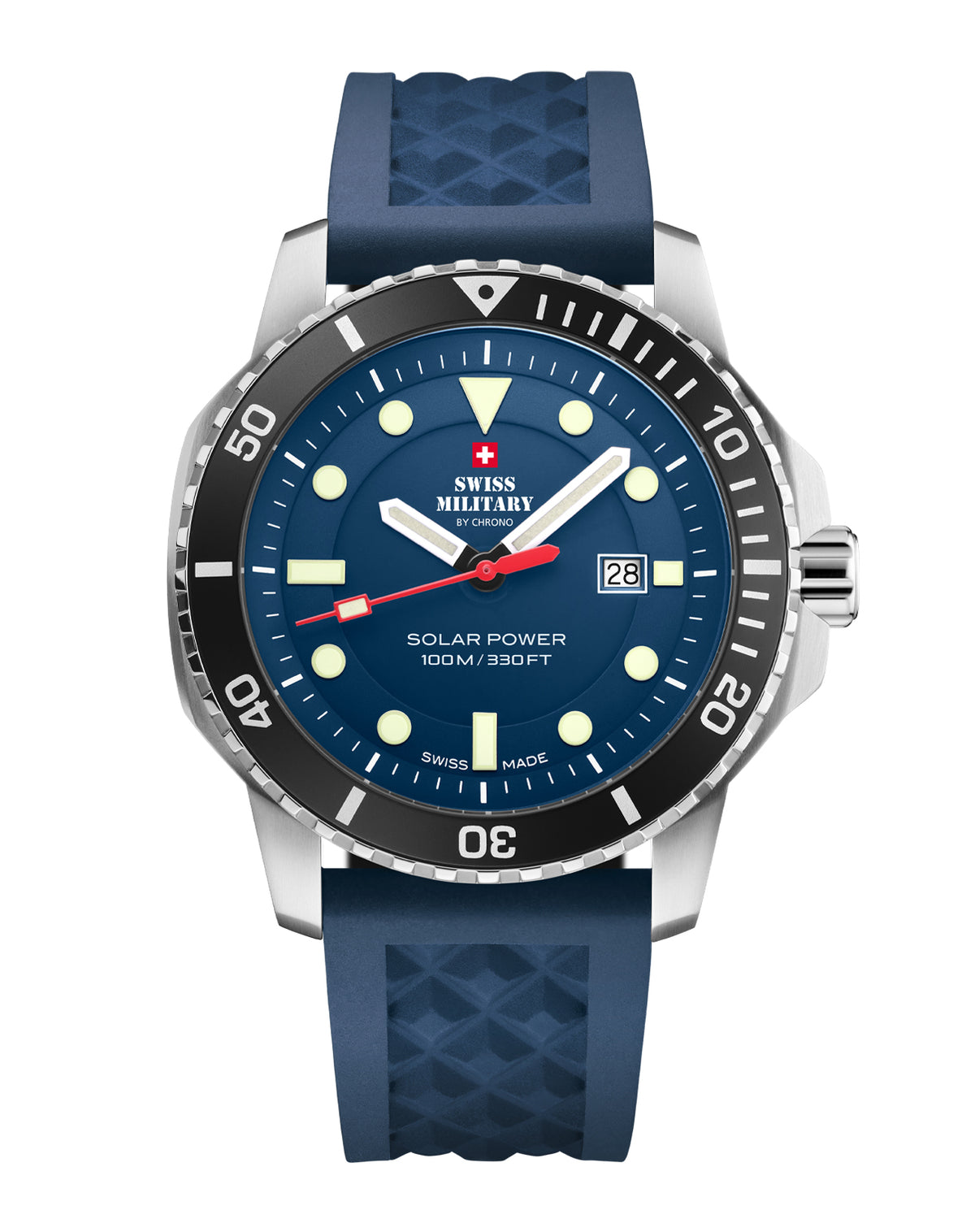 Swiss Military SMS34102.04 Solar Sportuhr mit blauem Zifferblatt, blauem Kautschukband, 43 mm Edelstahlgehäuse und schwarzer Aluminiumlünette.