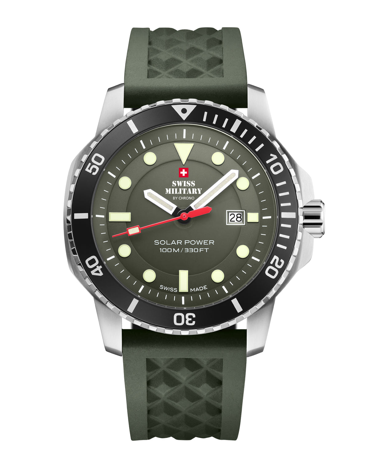 Swiss Military SMS34102.05 Solar Sportuhr mit grünem Zifferblatt und schwarzer uni-direktionaler Lünette.