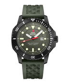 wiss Military SMS34102.06 Swiss Solar Sports Watch with green dial, black PVD-coated case, and green rubber band