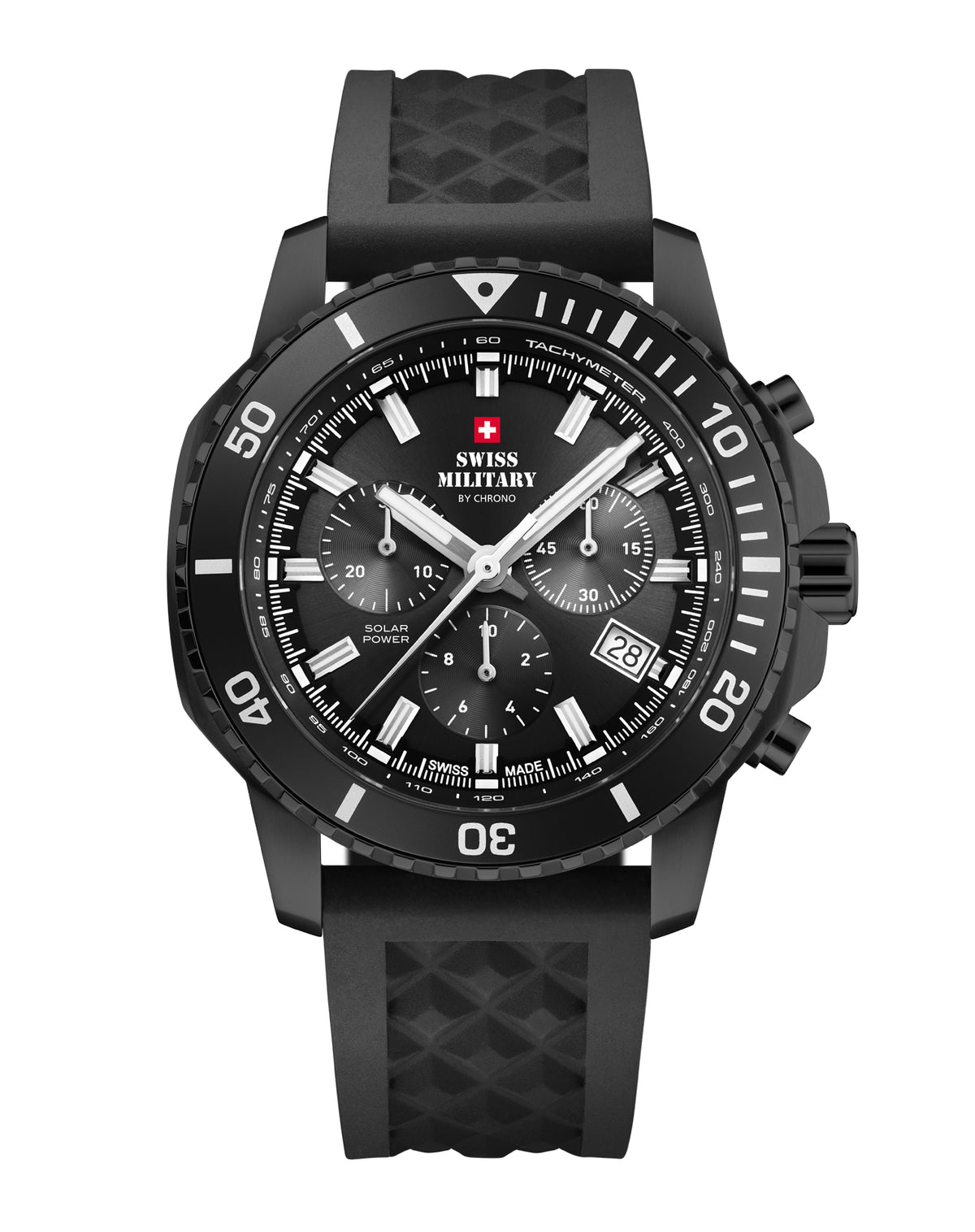Vorderansicht des Swiss Military Solar Chronograph SMS34113.05 mit schwarzem Zifferblatt, schwarzem PVD-Gehäuse und Kautschukarmband.