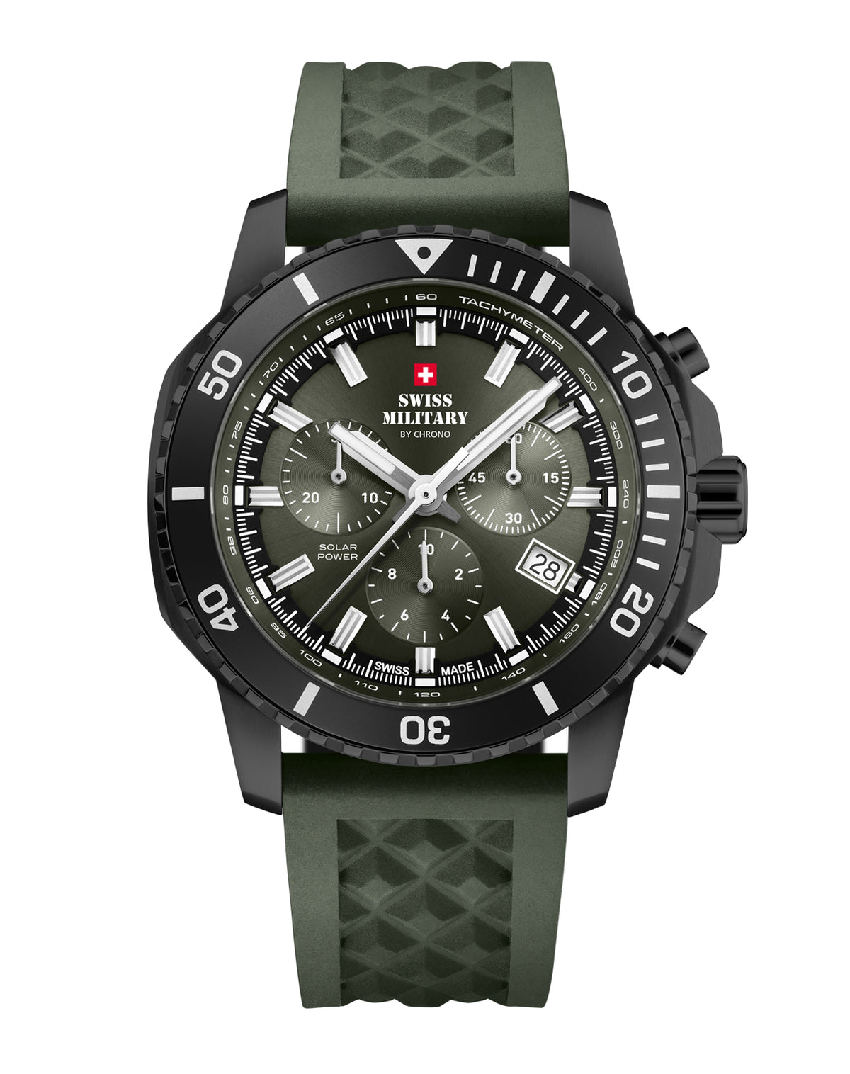 Swiss Military Solar Chronograph SMS34113.06 mit grünem Zifferblatt, schwarzem PVD-Gehäuse und grünem Kautschukarmband.