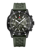 Swiss Military Solar Chronograph SMS34113.06 with green dial, Black PVD case and green rubber strap.