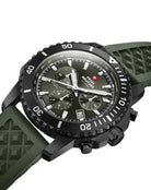 Swiss Solar Powered Chronograph SMS34113.06 angled view with green dial and Black PVD case.