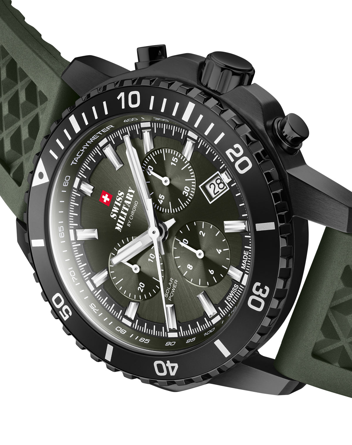 Herren-Swiss Military Chronograph SMS34113.06, seitlich im Winkel mit grünem Zifferblatt und einseitig drehbarer Lünette.
