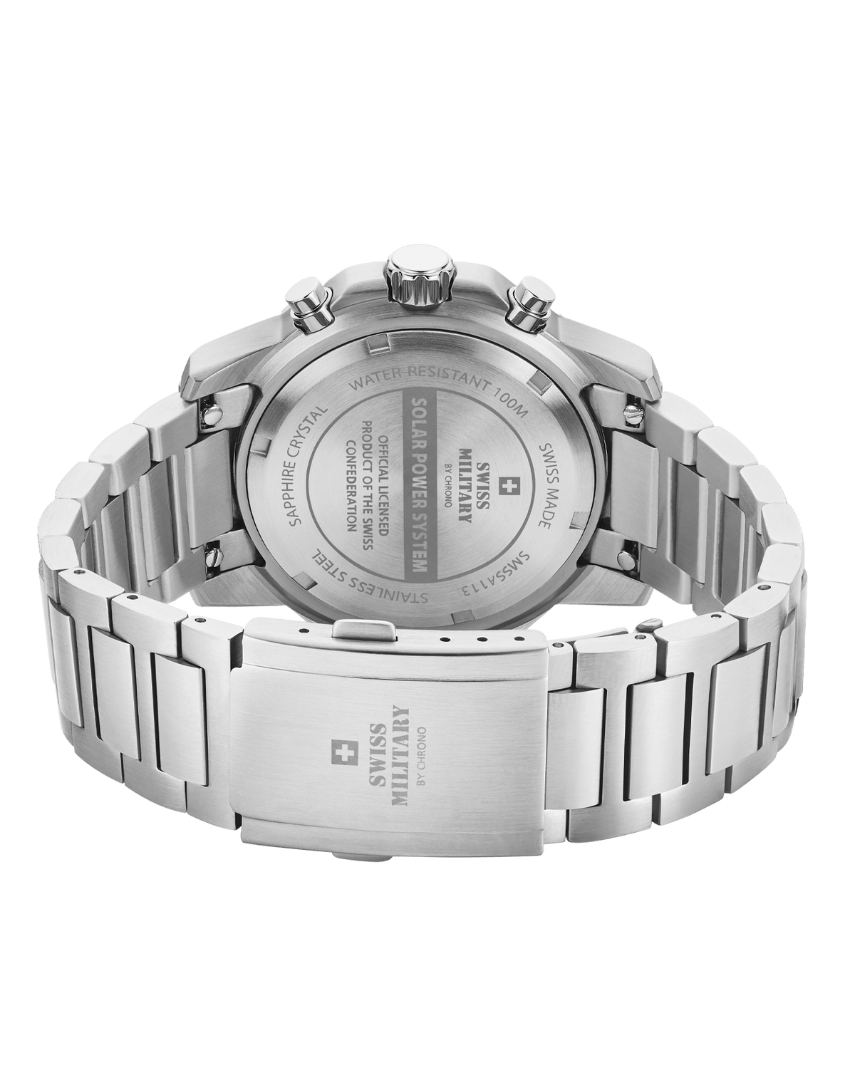Gravierter Edelstahlgehäuseboden der SMS34113.01 mit Armband.