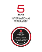 A white graphic with a large red and black '5 YEAR INTERNATIONAL WARRANTY' text and a circular 'Swiss Military by Chrono' badge below it.