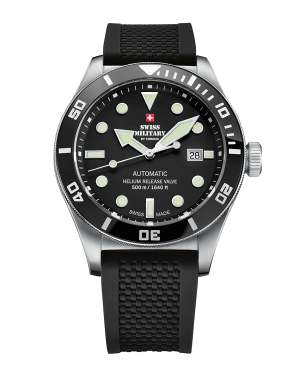 Swiss Military SMA34075.06 - Swiss Made Automatic Dive Watch with black dial, rotating Ceramic Bezel, and rubber band. Featuring a Helium Release Valve, Screw Crown - 500m water-resistant! 5-YEAR WARRANTY, FREE SHIPPING