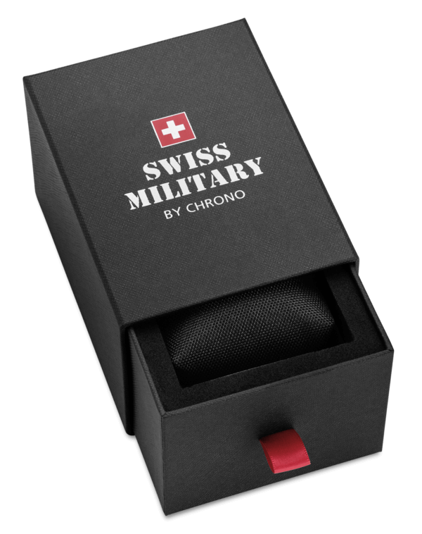 Empaque de los relojes Swiss Military: caja de marca duradera para almacenamiento seguro y presentación elegante.