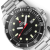 Close-up of the Swiss Military SMS34102.01 Swiss Solar Sports Watch – black dial with stainless steel bracelet and red second hand.