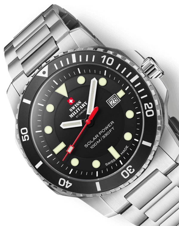 Close-up of the Swiss Military SMS34102.01 Swiss Solar Sports Watch – black dial with stainless steel bracelet and red second hand.