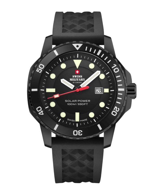 Swiss Military SMS34102.03 Swiss Solar Sports Watch with black dial, black PVD-coated case, and black rubber band